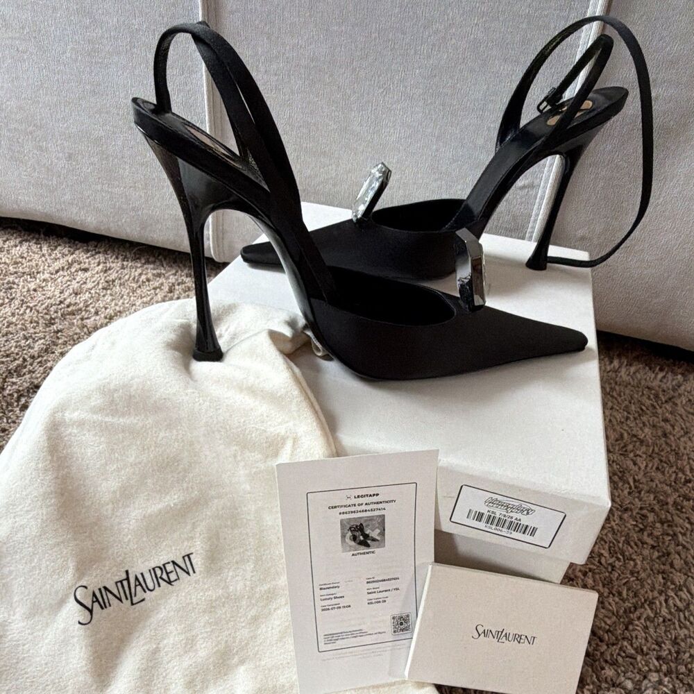 NIB Saint Laurent Black Satin Crystal Gem Pointed Toe Ankle Strap Pumps 39 COA